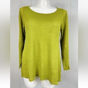 EILEEN FISHER 100% organic linen Sz L knit sweater 3/4 Sleeve top Tunic Coastal